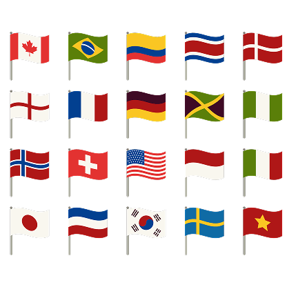 Illustration of 20 national flags waving, including Canada, Brazil, Colombia, Costa Rica, Denmark, England, France, Germany, Jamaica, Mexico, Norway, Switzerland, USA, Indonesia, Italy, Japan, Netherlands, South Korea, Sweden, and Vietnam.